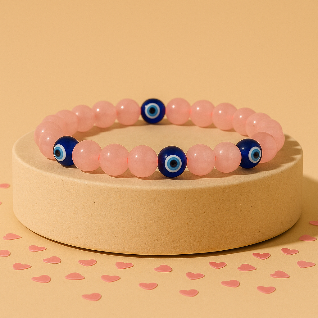 Love and Relationship Protect: Rose Quartz with Evil Eye Bracelet - Abhimantrit & Certified